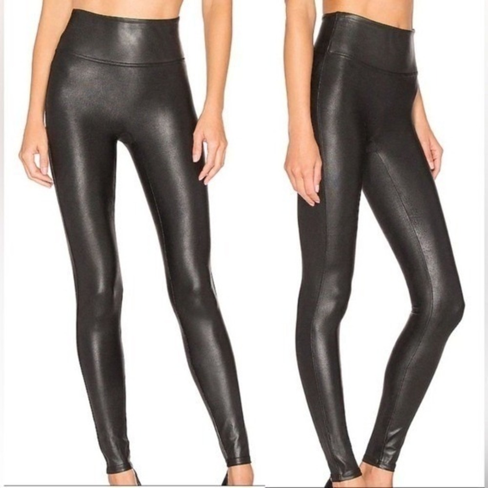 Spanx Women Ready to Wow Leggings Sz S Black Leather Like Tummy Control Stretch